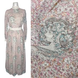 Rare Vintage Act I 70s Boho Art Nouveau Floral Lace Long Sleeve High Neck Dress